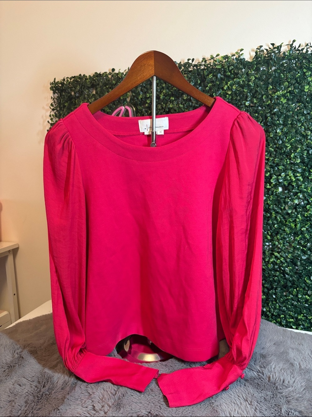 Anthropologie Hot Pink Puff-Sleeve Long Sleeve Top Size XS